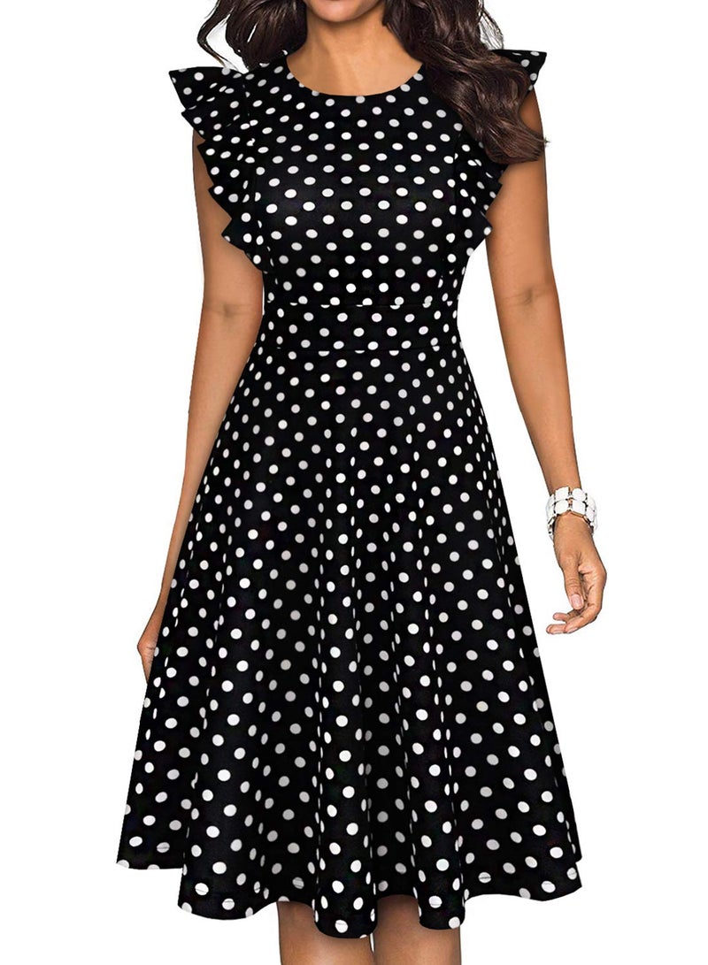 YATHON Women's Vintage Ruffle Floral Flared A Line Swing Casual Cocktail Party Dresses (L, YT001-Black Dot) - Image 1